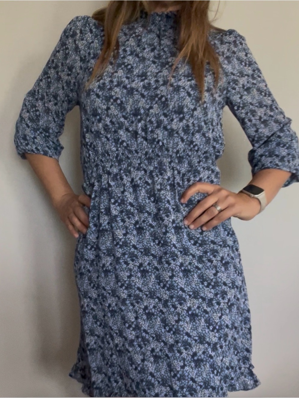 bobeau Navy & Light Blue Floral Long Sleeve Smocked Dress